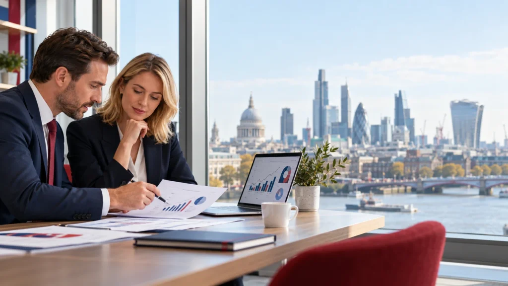 Alt text: Finance professionals reviewing payroll forecasts and business figures in a London office.