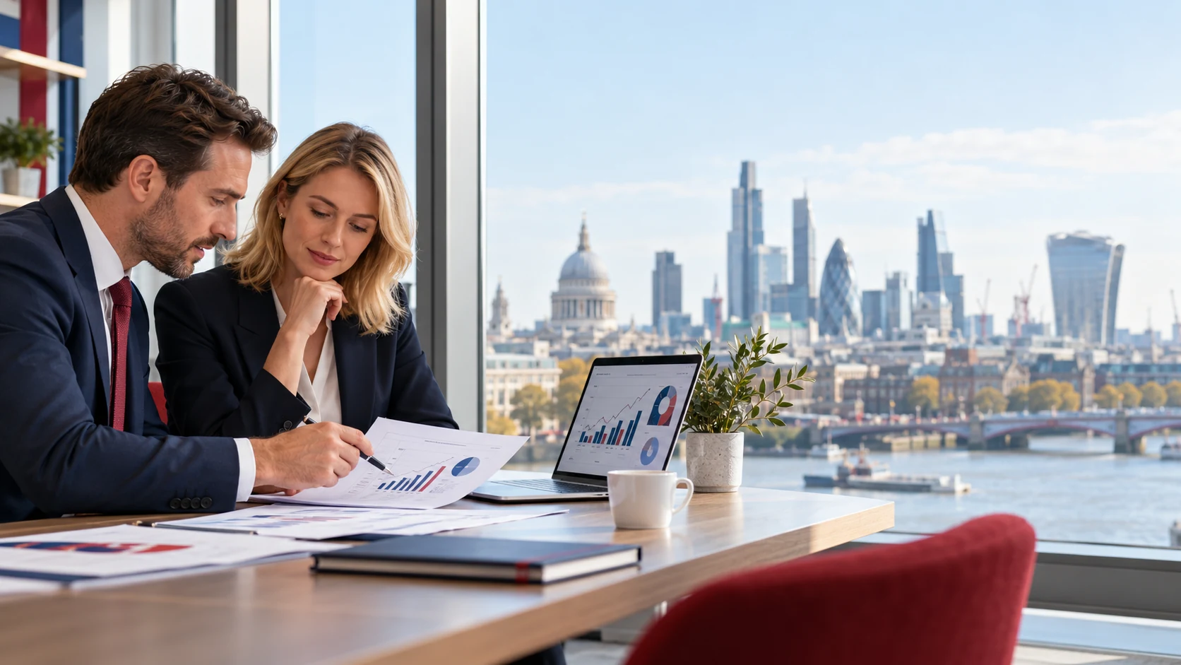 Alt text: Finance professionals reviewing payroll forecasts and business figures in a London office.