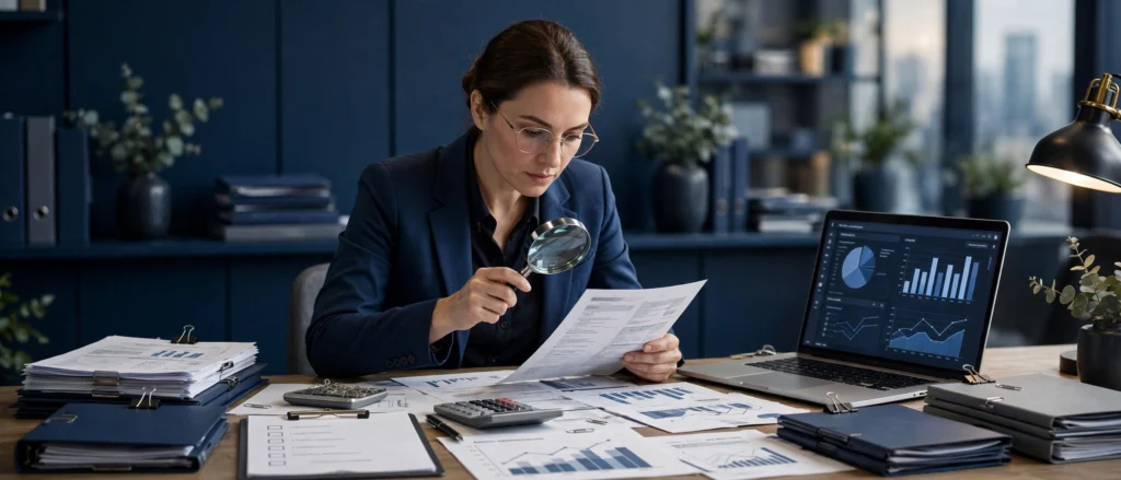 Audit professional reviewing working papers at a desk
