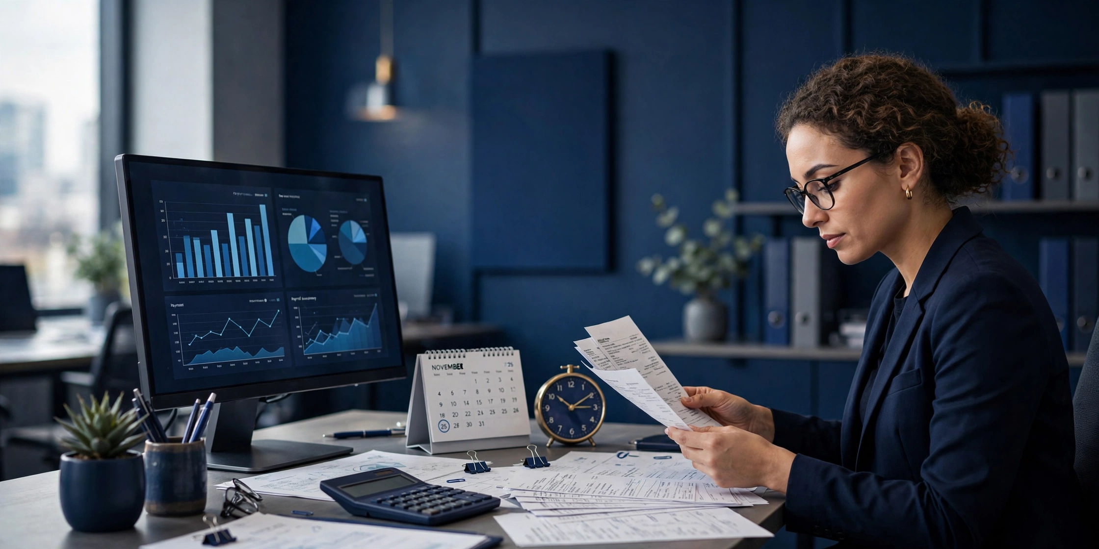 Payroll professional reviewing documents beside a laptop