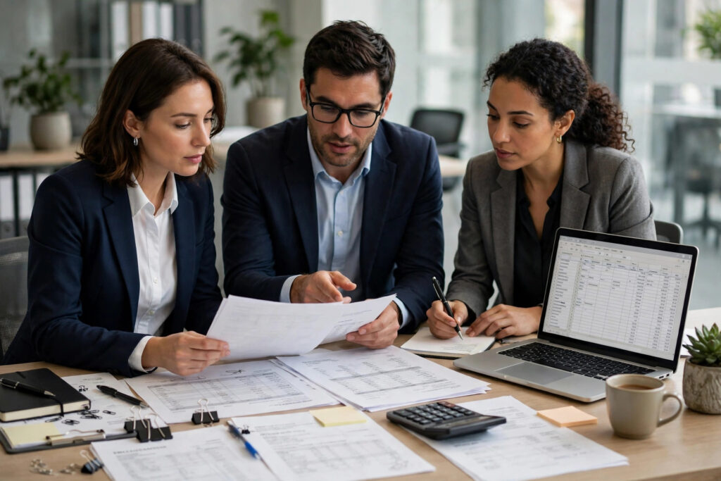 Accounts receivable outsourcing team reviewing customer invoices and ageing reports
