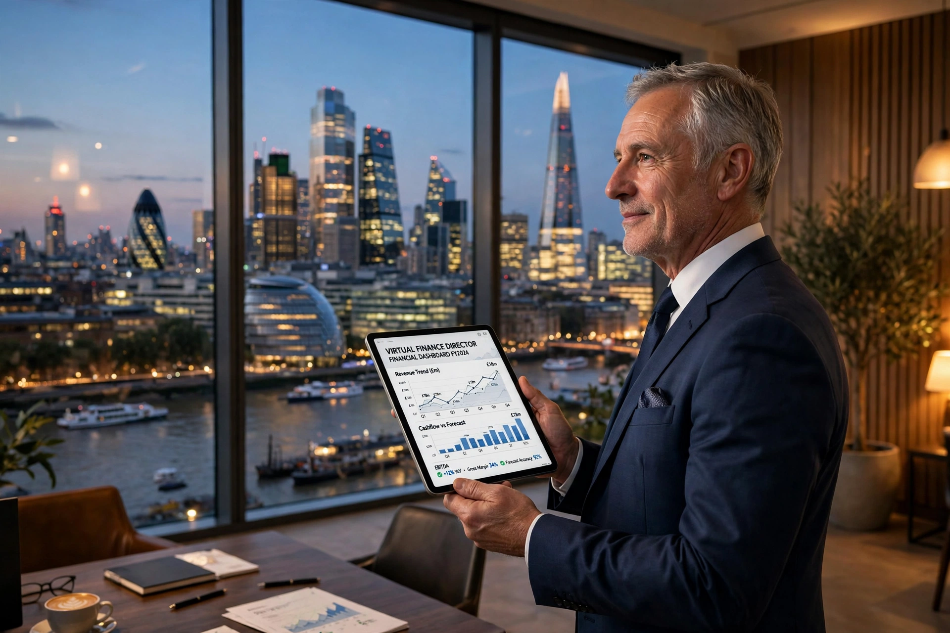 Virtual Finance Director reviewing reports with London skyline
